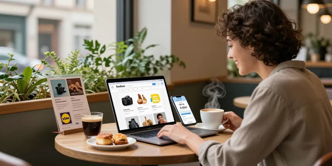 Shopper using Dealblob to find exclusive deals at a café