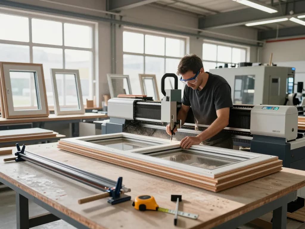 Handwerker arbeitet an Fensterbau-Fensterrahmen in einer modernen Fabrik.