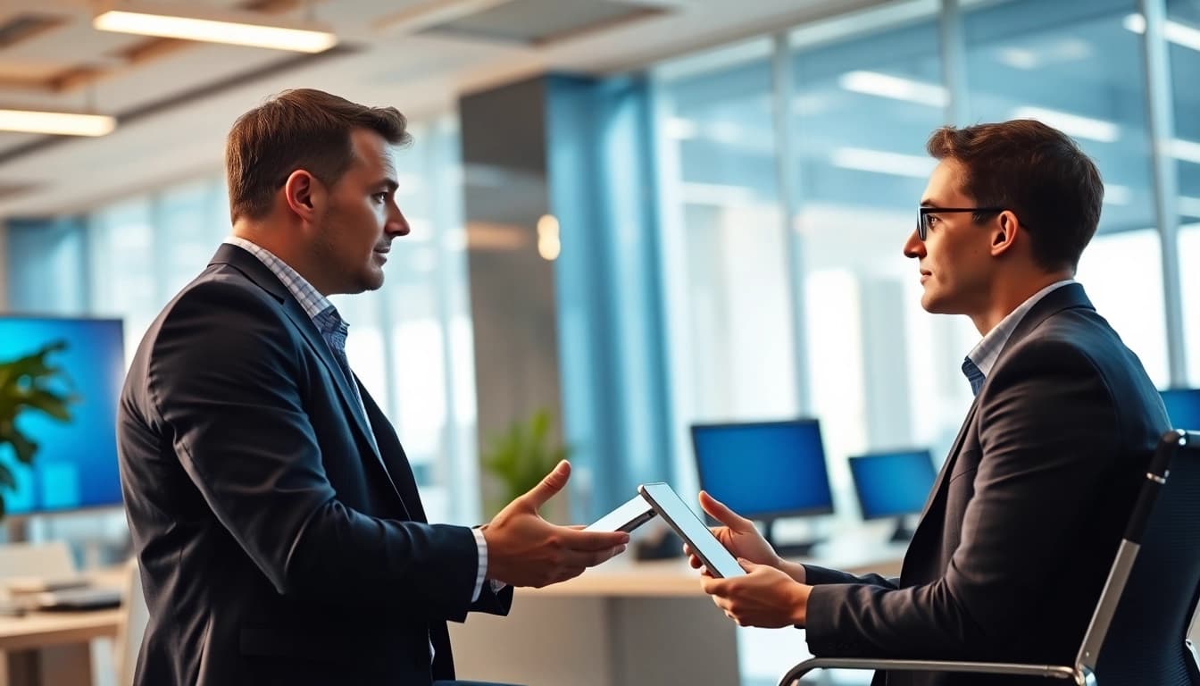Headhunter Schweiz interview in a modern office setting with technology and natural light.