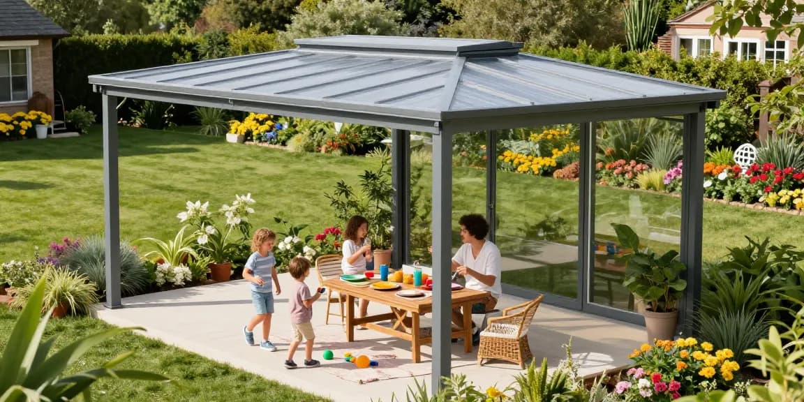 Moderne freistehende Terrassenüberdachung mit Familie, die einen sonnigen Tag im Garten genießt.