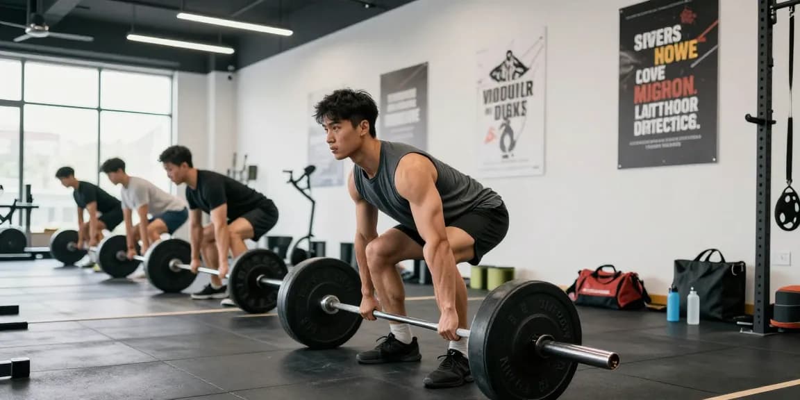 Bodybuilder im Selliza Shop beim Gewichtheben in modernem Fitnessstudio.