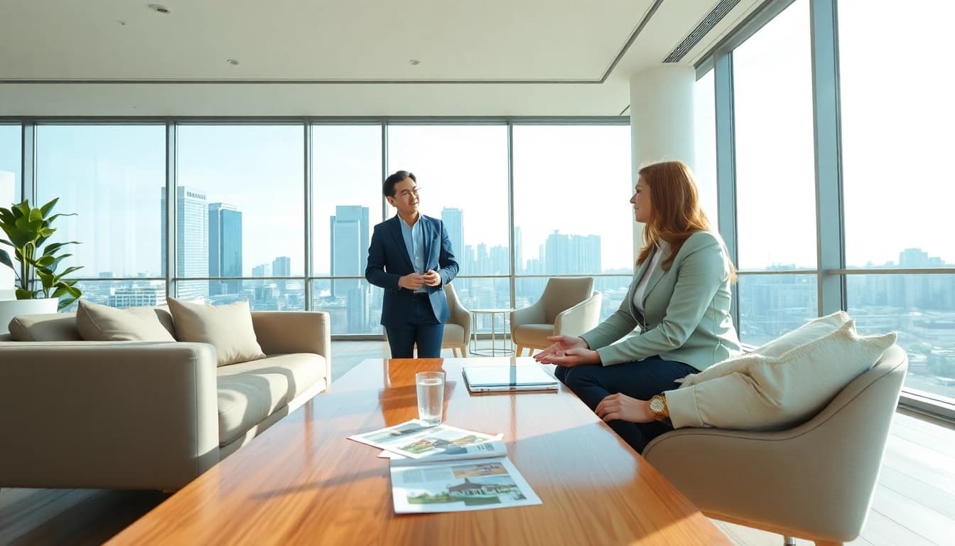 Immobilienmakler Frankfurt Riedberg berät Kunden in modernem Büro über Immobilienoptionen.