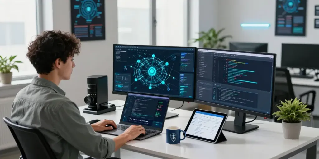 Cybersecurity Frankfurt - Szenario eines modernen Cyber-Sicherheitsbüros mit Experten, die Sicherheitsdashboards und Netzwerkkarten analysieren.
