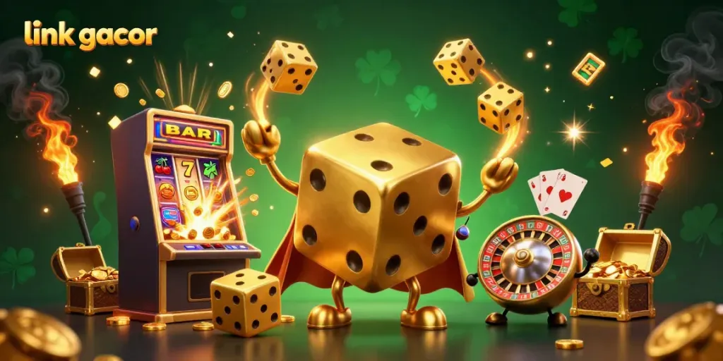 Experience big wins with link gacor featuring a golden dice golem in a vibrant casino scene.