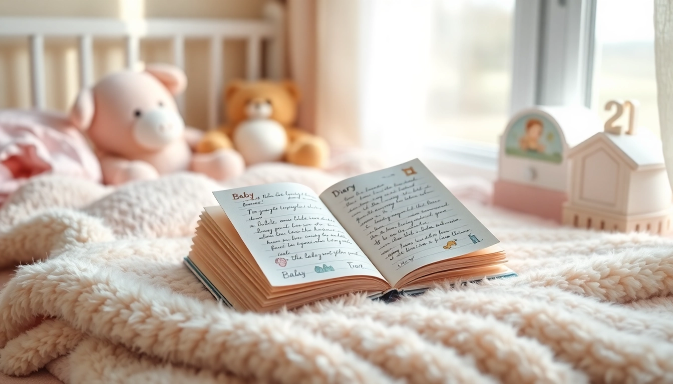 Ein Baby Tagebuch schön dekoriert auf einer weichen Decke mit bunten Illustrationen.