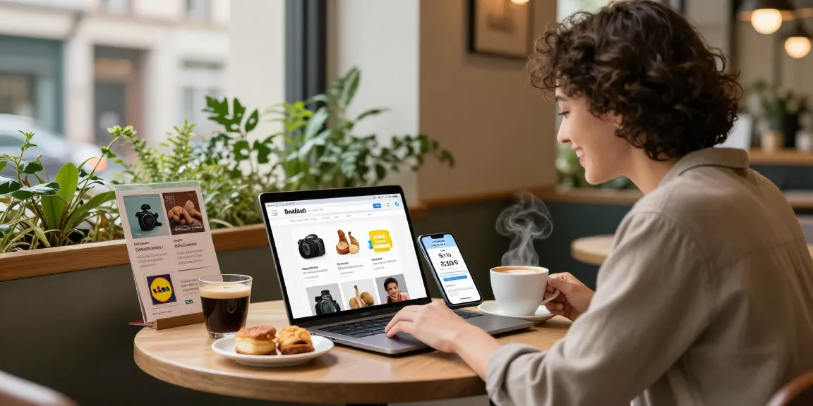 Shopper using Dealblob to find exclusive deals at a café
