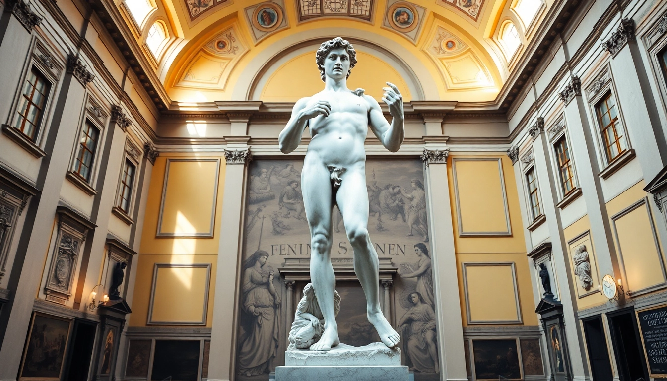 Besucher bewundern Michelangelo's David in der Accademia Florenz, umgeben von beeindruckender Architektur.