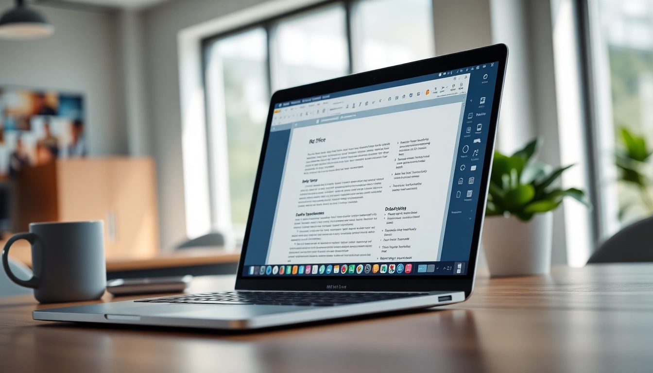 Arbeiten mit MS Office 2024 für macOS Vollversion auf einem modernen Laptop in einem eleganten Büro.