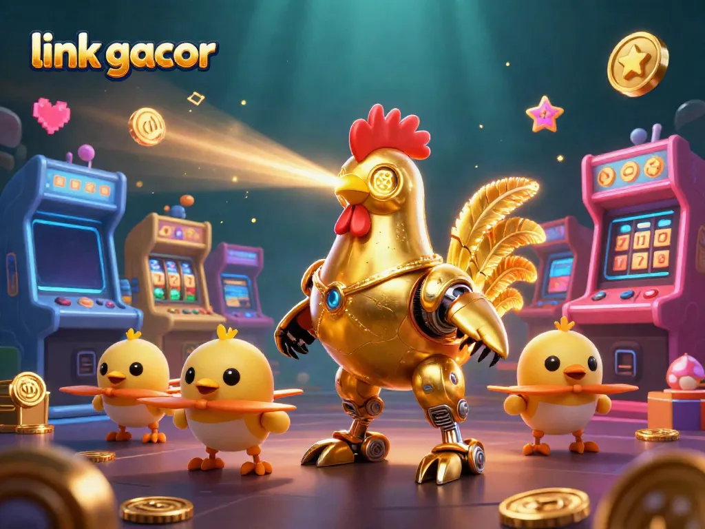 Engage with the exciting world of link gacor in this ultra-detailed casino art featuring vibrant slot machines and golden characters.