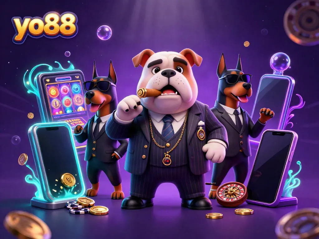 Experience thrilling gaming action with yo88 as a mafia boss bulldog leads the scene surrounded by casino elements.