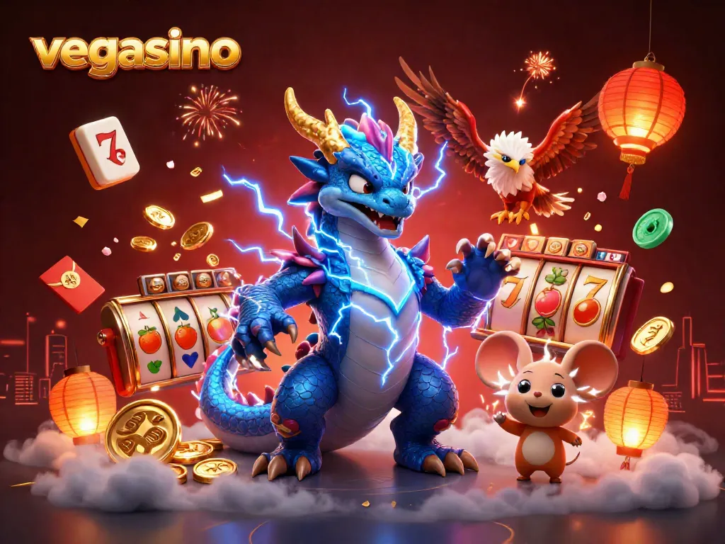 Engage in the thrill of vegasino with a vibrant 3D illustration featuring dynamic slot reels and exciting dragon mascots.