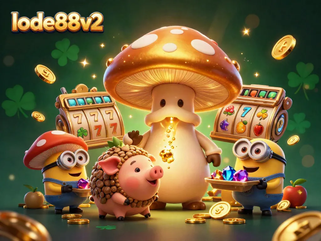 Experience the magic of lode88v2 with a golden mushroom wizard and treasure-hunting creatures in a vibrant casino setting.