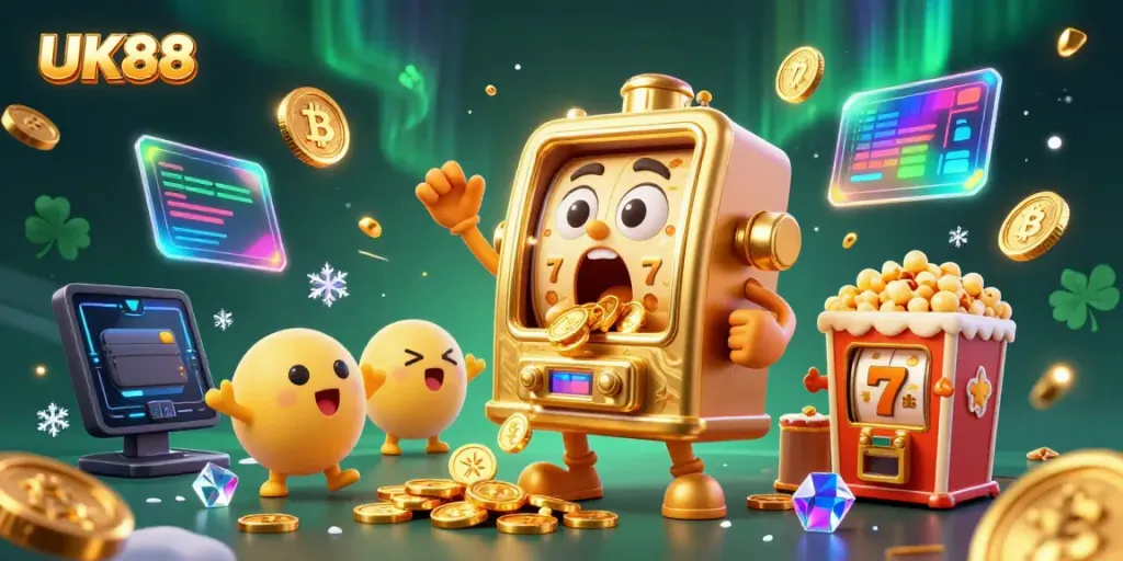 Spin the reels at UK88 and watch the golden slot machine hit the jackpot with coins flying everywhere!