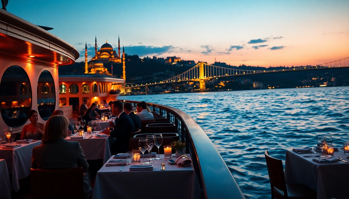 Bosphorus dinner cruise with elegant diners near the illuminated Bosphorus Bridge.