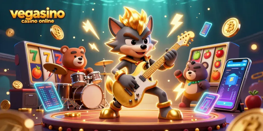 Experience thrills at vegasino casino online with a rock star wolf and guitarist in an electrifying atmosphere