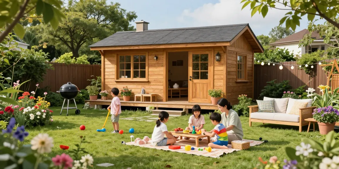 Schönes Gartenhaus im Freien mit Familie und bunten Blumenfronten.