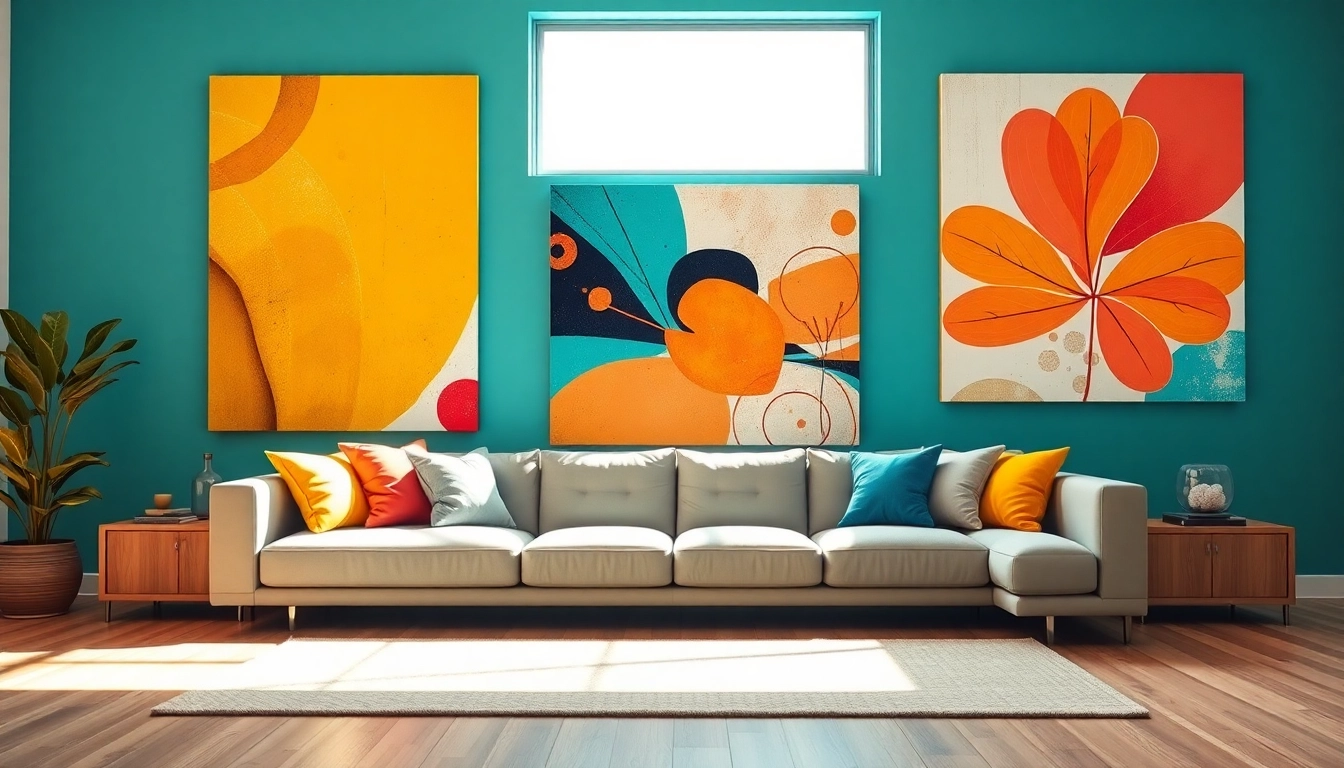 Moderne wandbilder in einem stilvollen Wohnzimmer, das einladend wirkt.