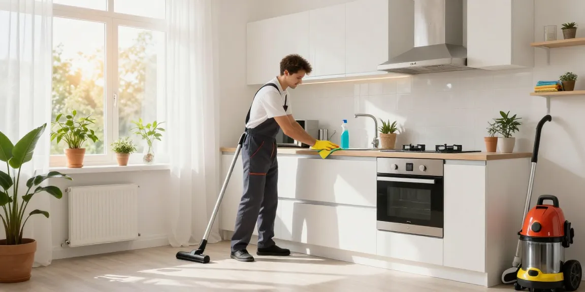 Expert cleaner performing wohnungsendreinigung bern in bright modern kitchen, showcasing professional cleaning techniques.