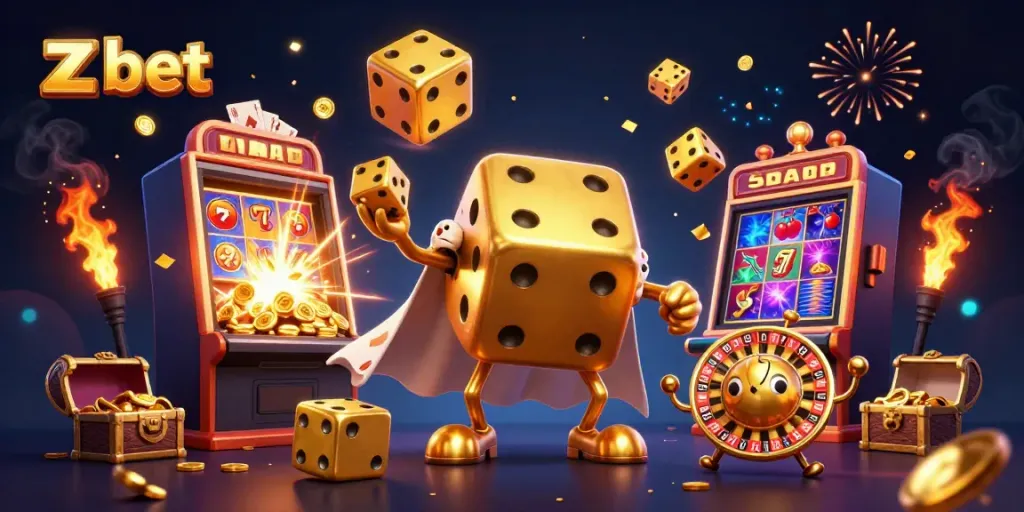 Engage with z bet's dynamic world of gaming showcased through animated casino elements and characters.