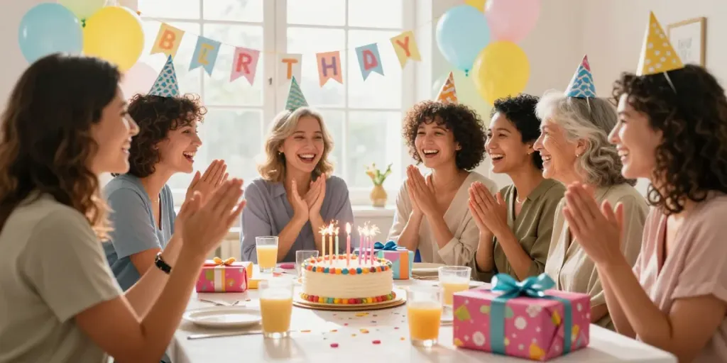 Bijzondere wensen en groeten voor een verjaardag, vrouwen vieren samen met een kleurrijke taart en ballonnen.