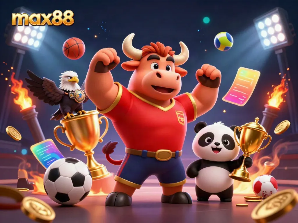 Engage in thrilling sports betting at max88, featuring dynamic mascots and vibrant game elements.