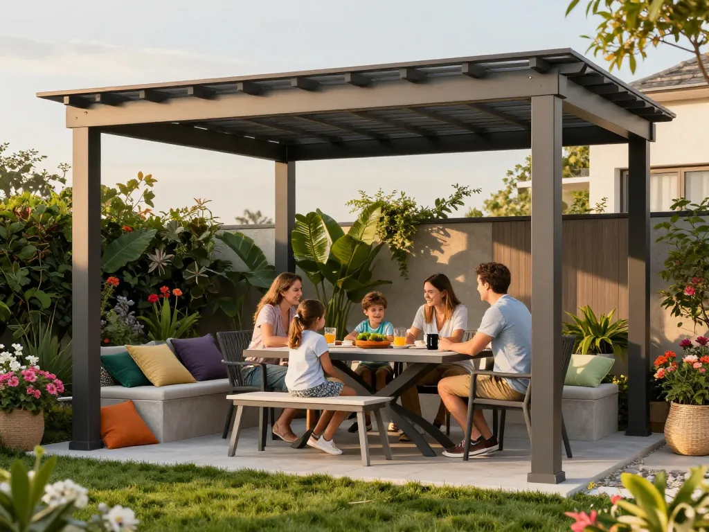 Erleben Sie den Pergola Konfigurator mit einer Familie, die ihren individuell gestalteten Außenbereich genießt, mit einer stilvollen Pergola und einem lebhaften Garten.