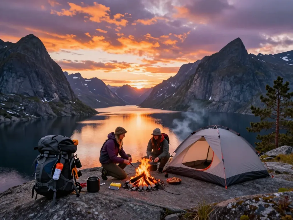 Urlaub in Skandinavien mit Freunden, die bei einem atemberaubenden Fjord während des Sonnenuntergangs campen und Abenteuer und Natur zeigen.