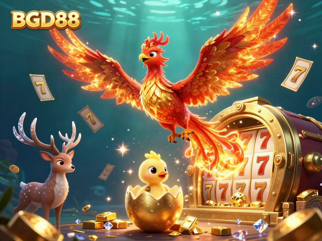 BGD88 players experience excitement with a stunning illustration of a fire phoenix and casino elements.