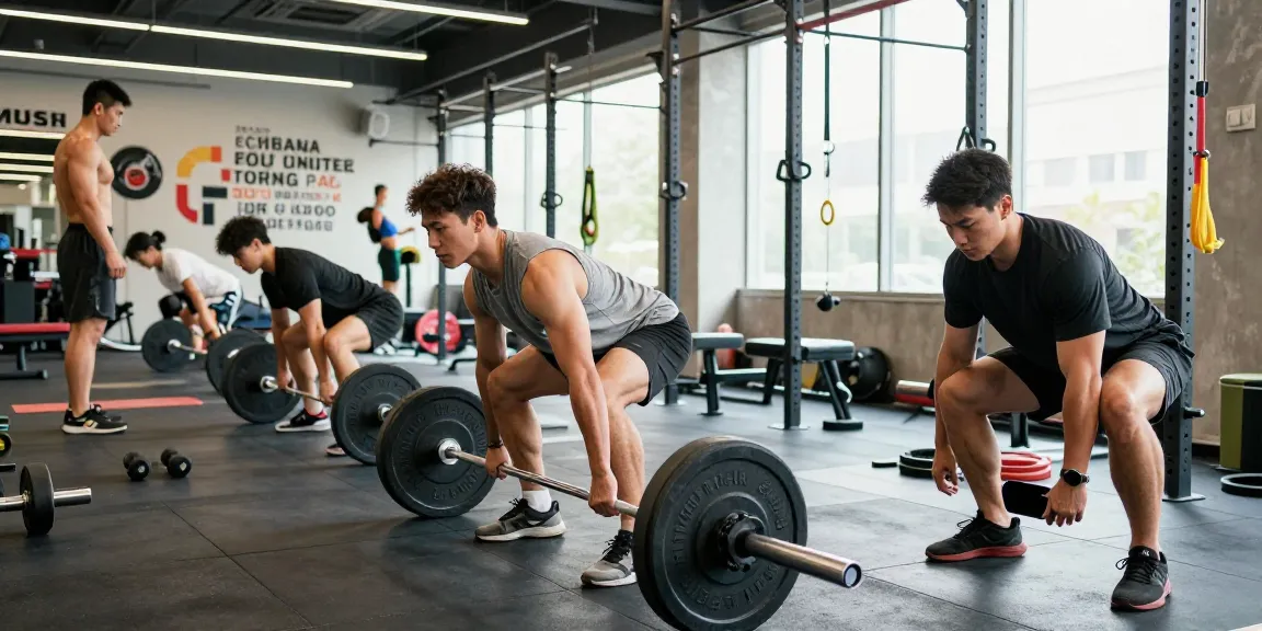 Aktive Personen im Anabolika-Shop-Fitnessstudio beim Gewichtheben, dynamische Trainingsatmosphäre.