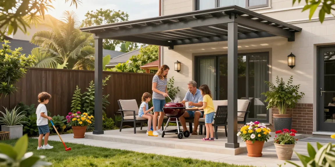 Terrassenüberdachungen aus Aluminium im Garten mit Familie beim Grillen