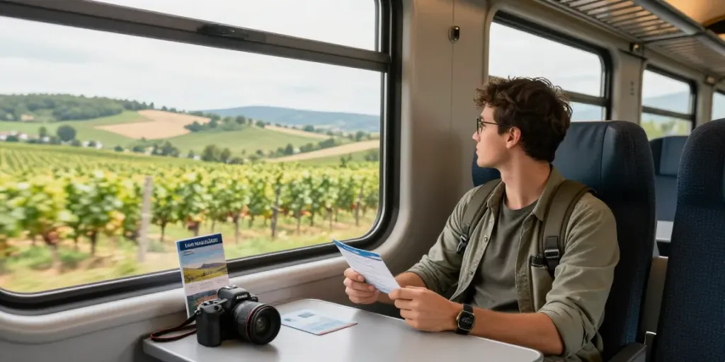 Person, die Zugtickets in Europa nutzt, während sie durch die malerische Landschaft schaut.