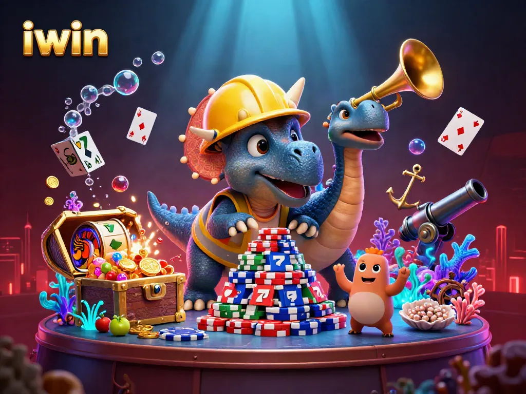 Join the iwin action with a triceratops and friends celebrating a jackpot in a vibrant casino scene.