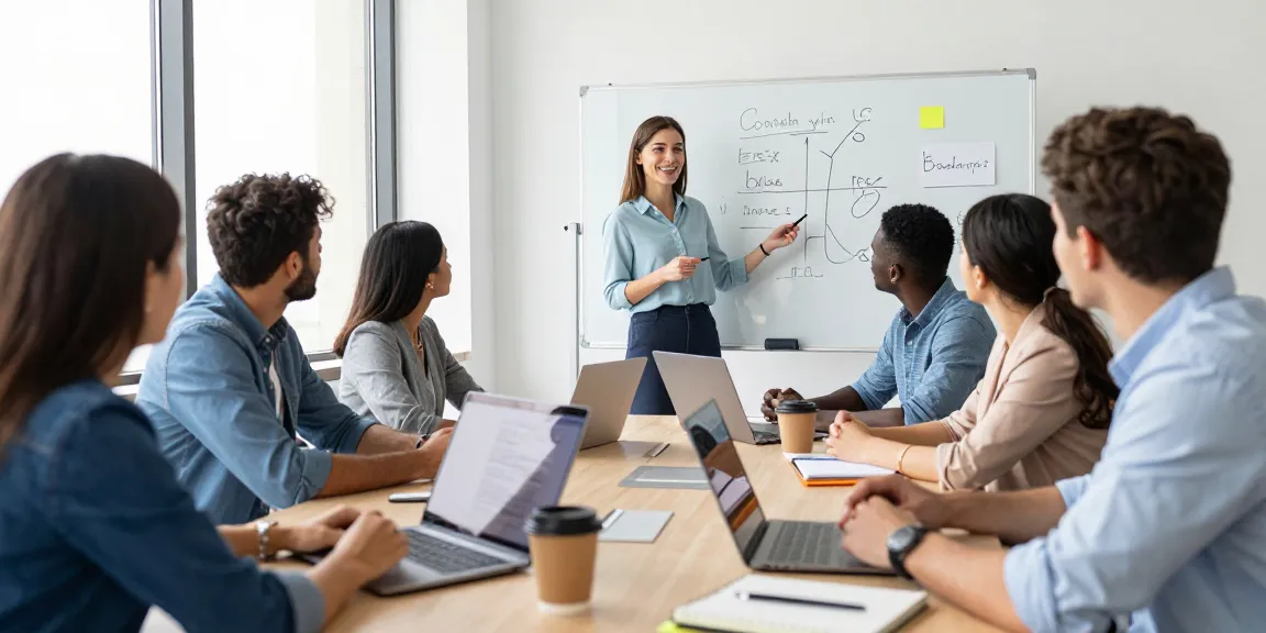 Team in der Besprechung zeigt kreative Lösungen für Stress mit Chef.