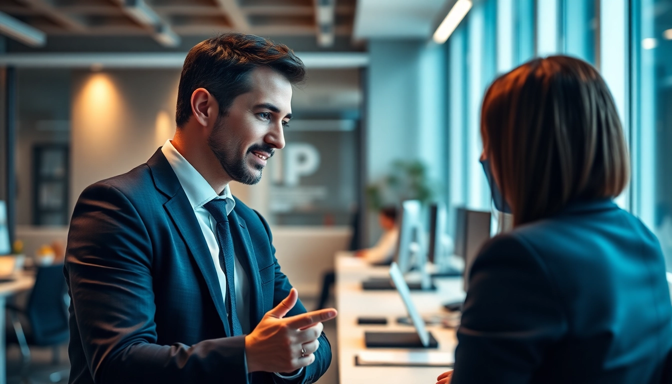 Headhunter IT interacts confidently with a candidate in a modern office setting.