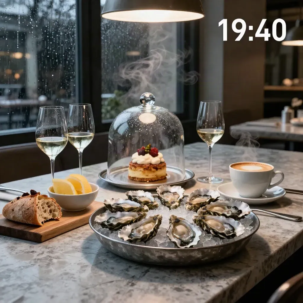 Opulentes Gastro-Arrangement mit Austern, Kaffee, Wein und Regenlicht im Restaurant.