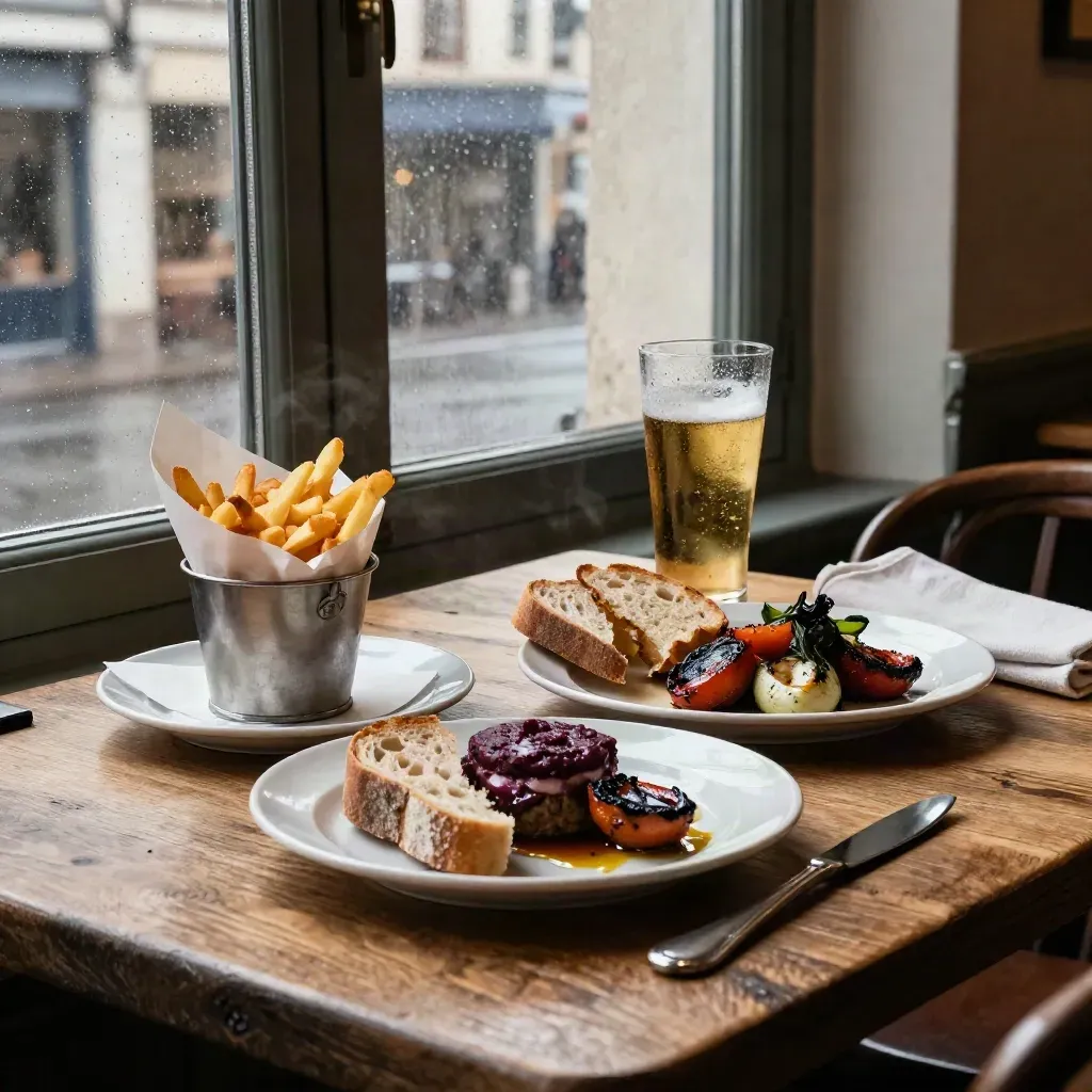 Kölner Bistro-Tisch mit Pommes, Rillettes, Gemüse, Kölschglas und Leinenserviette am Altstadtfenster