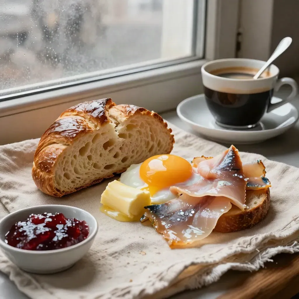 Hamburger Wochenendbrunch mit Brioche, Eiern, Räucherfisch, Butter, Marmelade und Kaffee am foggy Fenster