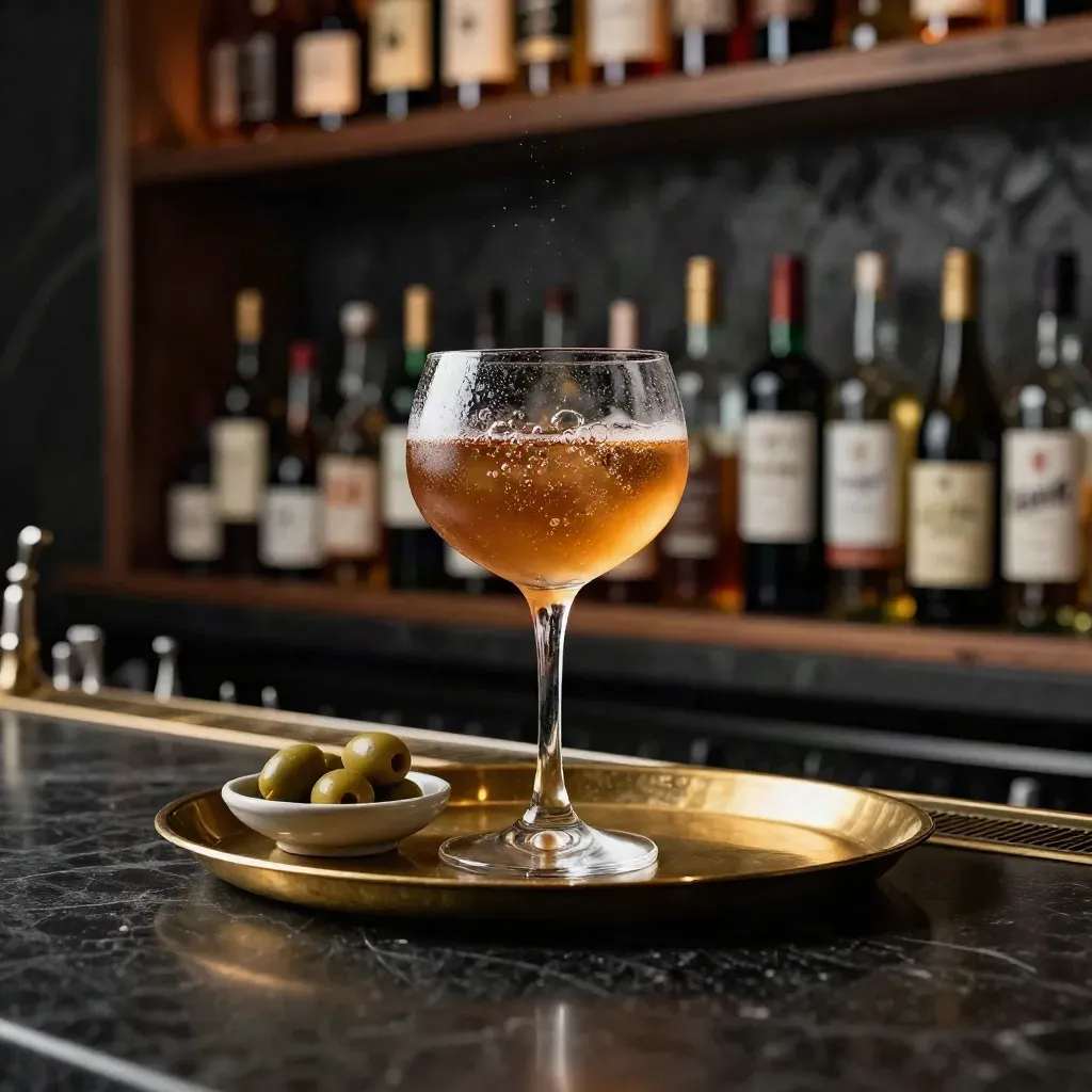 Münchner Bar-Ecke mit Spritz, Coupette, Oliven und Messingtablett im späten Abendlicht