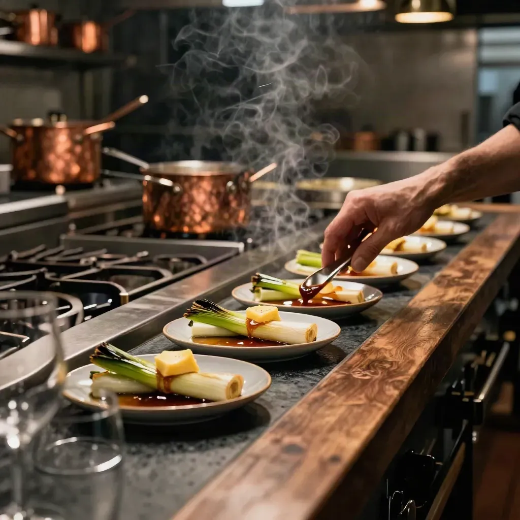 Berliner Küchenpass mit Tasting-Tellern, Lauch, Rauch und Kupfertöpfen im dramatischen Licht