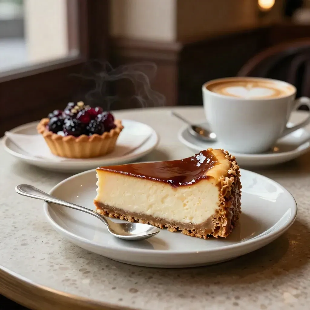 Cheesecake, Beeren-Tarte und Cappuccino auf travertinem Café-Tisch im warmen Abendlicht