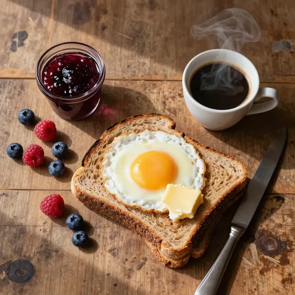 Leipziger Sonntagsbrunch mit Eiern, Roggenbrot, Butter, Marmelade, Beeren und Kaffee auf Altholz.