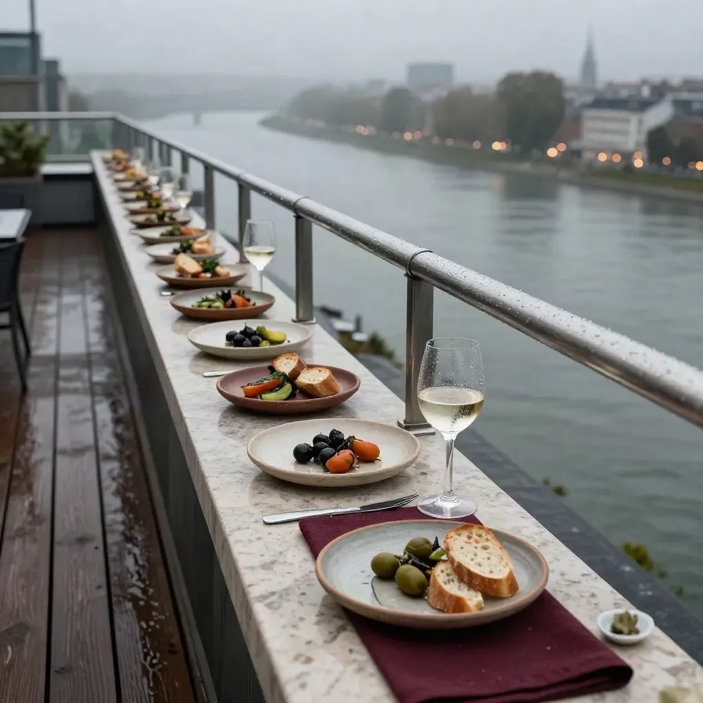 Dachterrasse am Rhein mit kleinen Tellern, nassem Geländer und Stadtlichtern im Abenddunst