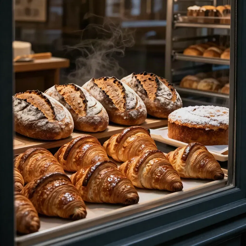 Bäckerei-Auslage mit Croissants, Brot und Kuchen hinter Glas, warm und gemütlich
