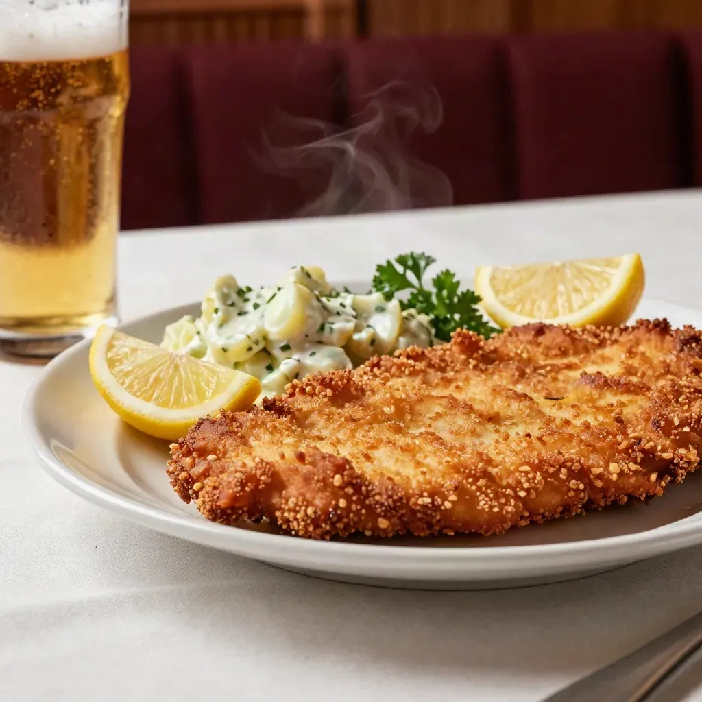Schnitzelteller mit Kartoffelsalat, Zitrone und Bier auf weißer Tischdecke