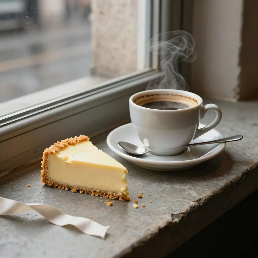 Kaffeetasse, Kuchen und Löffel auf einer Café-Fensterbank in Köln mit Dampf.
