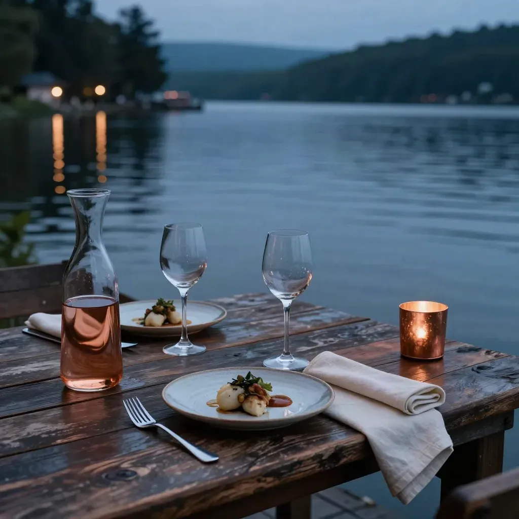 Abendessen auf einer Terrasse am Wasser mit Karaffe, Tellern und Spiegelungen im See