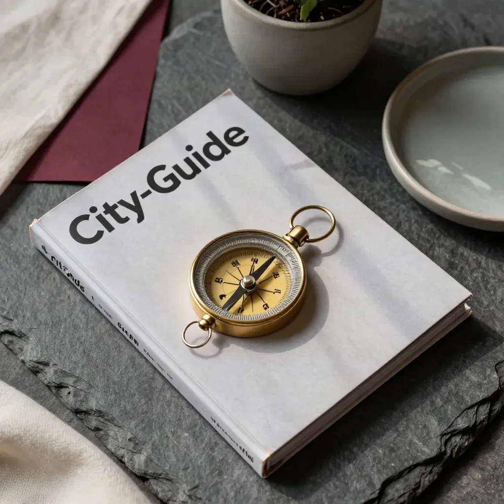 Messingkompass, City-Guide, Pflanztopf und Keramikschale auf Stein, von oben.