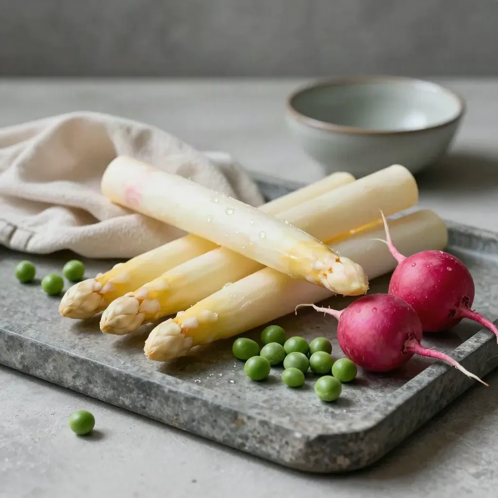 Weißer Spargel mit Radieschen und Erbsen auf einem hellen Tablett mit Creme-Tuch.