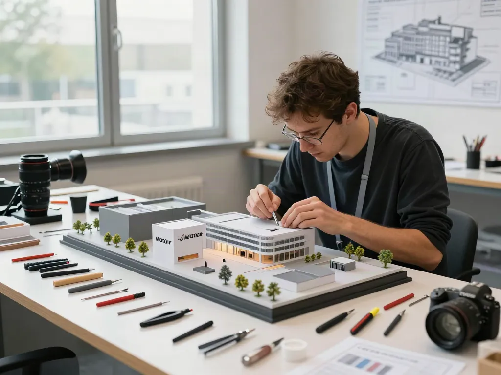 Messe- und Ausstellungsmodelle im Detail: 1:87 Modell von Mosolf Stuttgart in einem kreativen Arbeitsumfeld.