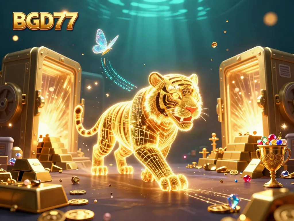 Engage in thrilling gameplay with BGD77, featuring a neon tiger amidst a dazzling digital casino environment.